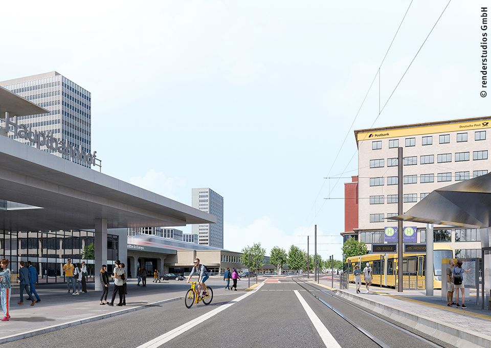 Visualisierung Planung Citybahn vor dem Essener Hbf