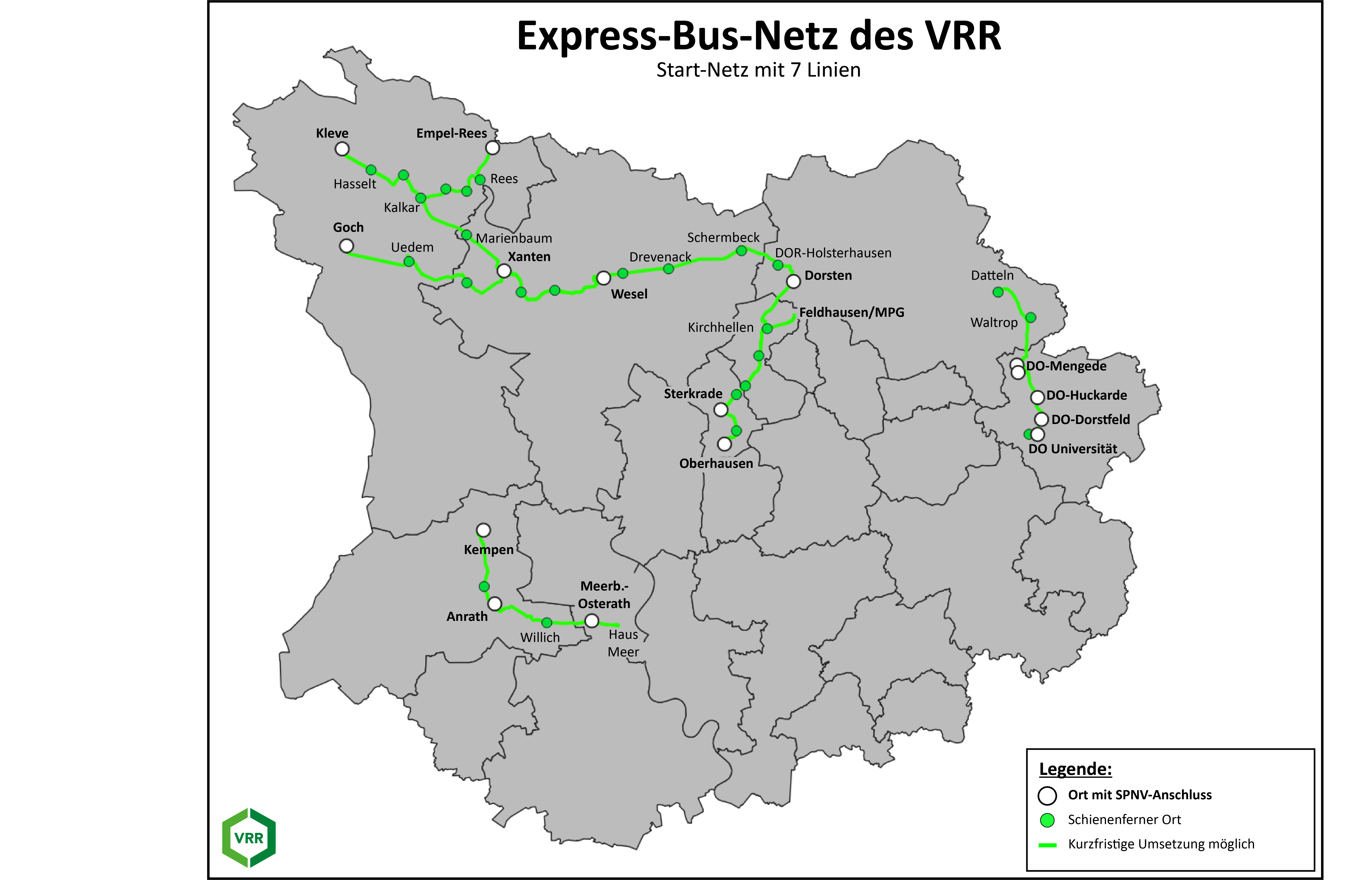 Karte mit markierten Orten, in denen Schnellbusse verkehren